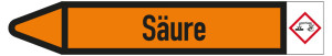 Rohrleitungsetikett: Säure, Fließrichtung links, DIN 2403, orange/schwarz, für Rohre mit Ø 25 - 40 mm, Standardfolie, 154 x 26 mm, 5 St./Bogen