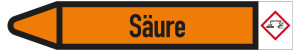 Rohrleitungsetikett: Säure, Fließrichtung links, DIN 2403, orange/schwarz, für Rohre mit Ø 40 - 60 mm, Standardfolie, 218 x 37 mm, 5 St./Bogen