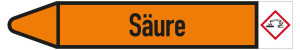 Rohrleitungsetikett: Säure, Fließrichtung links, DIN 2403, orange/schwarz, für Rohre mit Ø 60 - 90 mm, Standardfolie, 310 x 52 mm, 3 St./Bogen