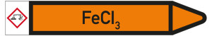 Rohrleitungsetikett: FeCI3, Fließrichtung rechts, DIN 2403, orange/schwarz, für Rohre mit Ø 25 - 40 mm, Standardfolie, 154 x 26 mm, 5 St./Bogen