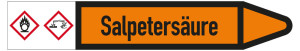 Rohrleitungsetikett: Salpetersäure, Fließrichtung rechts, DIN 2403, orange/schwarz, für Rohre mit Ø 40 - 60 mm, Standardfolie, 218 x 37 mm, 5