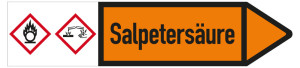 Rohrleitungsetikett: Salpetersäure, Fließrichtung rechts, DIN 2403, orange/schwarz, für Rohre mit Ø ab 90 mm, Standardfolie, 440 x 100 mm, 2 St./Bogen
