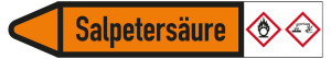 Rohrleitungsetikett: Salpetersäure, Fließrichtung links, DIN 2403, orange/schwarz, für Rohre mit Ø 15 - 25 mm, Standardfolie, 96 x 17 mm, 8 St./Bogen