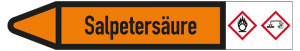 Rohrleitungsetikett: Salpetersäure, Fließrichtung links, DIN 2403, orange/schwarz, für Rohre mit Ø 25 - 40 mm, Standardfolie, 154 x 26 mm, 5 St./Bogen
