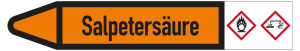 Rohrleitungsetikett: Salpetersäure, Fließrichtung links, DIN 2403, orange/schwarz, für Rohre mit Ø 40 - 60 mm, Standardfolie, 218 x 37 mm, 5 St./Bogen