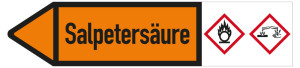 Rohrleitungsetikett: Salpetersäure, Fließrichtung links, DIN 2403, orange/schwarz, für Rohre mit Ø ab 90 mm, Standardfolie, 440 x 100 mm, 2 St./Bogen