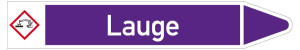 Rohrleitungsetikett: Lauge, Fließrichtung rechts, DIN 2403, violett/weiß, für Rohre mit Ø 60 - 90 mm, Standardfolie, 310 x 52 mm, 3 St./Bogen