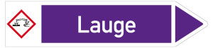 Rohrleitungsetikett: Lauge, Fließrichtung rechts, DIN 2403, violett/weiß, für Rohre mit Ø ab 90 mm, Standardfolie, 440 x 100 mm, 2 St./Bogen