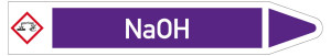 Rohrleitungsetikett: NaOH, Fließrichtung rechts, DIN 2403, violett/weiß, für Rohre mit Ø 40 - 60 mm, Standardfolie, 218 x 37 mm, 5 St./Bogen