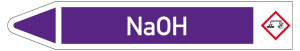 Rohrleitungsetikett: NaOH, Fließrichtung links, DIN 2403, violett/weiß, für Rohre mit Ø 25 - 40 mm, Standardfolie, 154 x 26 mm, 5 St./Bogen