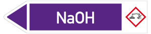 Rohrleitungsetikett: NaOH, Fließrichtung links, DIN 2403, violett/weiß, für Rohre mit Ø ab 90 mm, Standardfolie, 440 x 100 mm, 2 St./Bogen