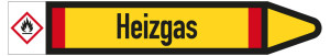 Rohrleitungsetikett: Heizgas, Fließrichtung rechts, DIN 2403, gelb/schwarz/rot, für Rohre mit Ø 40 - 60 mm, Standardfolie, 218 x 37 mm, 5 St./Bogen