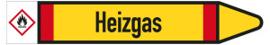 Rohrleitungsetikett: Heizgas, Fließrichtung rechts, DIN 2403, gelb/schwarz/rot, für Rohre mit Ø 60 - 90 mm, Standardfolie, 310 x 52 mm, 3 St./Bogen