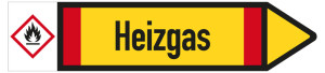 Rohrleitungsetikett: Heizgas, Fließrichtung rechts, DIN 2403, gelb/schwarz/rot, für Rohre mit Ø ab 90 mm, Standardfolie, 440 x 100 mm, 2 St./Bogen