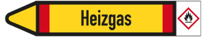 Rohrleitungsetikett: Heizgas, Fließrichtung links, DIN 2403, gelb/schwarz/rot, für Rohre mit Ø 15 - 25 mm, Standardfolie, 96 x 17 mm, 8 St./Bogen