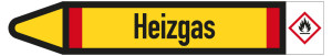 Rohrleitungsetikett: Heizgas, Fließrichtung links, DIN 2403, gelb/schwarz/rot, für Rohre mit Ø 40 - 60 mm, Standardfolie, 218 x 37 mm, 5 St./Bogen