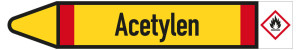 Rohrleitungsetikett: Acetylen, Fließrichtung links, DIN 2403, gelb/schwarz/rot, für Rohre mit Ø 60 - 90 mm, Standardfolie, 310 x 52 mm, 3 St./Bogen