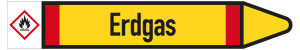 Rohrleitungsetikett: Erdgas, Fließrichtung rechts, DIN 2403, gelb/schwarz/rot, für Rohre mit Ø 60 - 90 mm, Standardfolie, 310 x 52 mm, 3 St./Bogen