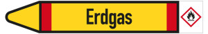 Rohrleitungsetikett: Erdgas, Fließrichtung links, DIN 2403, gelb/schwarz/rot, für Rohre mit Ø 60 - 90 mm, Standardfolie, 310 x 52 mm, 3 St./Bogen