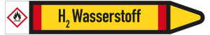 Rohrleitungsetikett: H2 Wasserstoff, Fließrichtung rechts, DIN 2403, gelb/schwarz/rot, für Rohre mit Ø 40 - 60 mm, Standardfolie, 218 x 37 mm, 5
