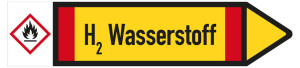 Rohrleitungsetikett: H2 Wasserstoff, Fließrichtung rechts, DIN 2403, gelb/schwarz/rot, für Rohre mit Ø 90 mm, Standardfolie, 440 x 100 mm, 2 St./Bogen