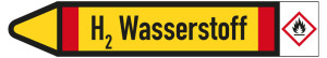 Rohrleitungsetikett: H2 Wasserstoff, Fließrichtung links, DIN 2403, gelb/schwarz/rot, für Rohre mit Ø 15 - 25 mm, Standardfolie, 96 x 17 mm, 8