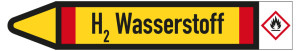 Rohrleitungsetikett: H2 Wasserstoff, Fließrichtung links, DIN 2403, gelb/schwarz/rot, für Rohre mit Ø 25 - 40 mm, Standardfolie, 154 x 26 mm, 5