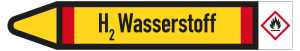 Rohrleitungsetikett: H2 Wasserstoff, Fließrichtung links, DIN 2403, gelb/schwarz/rot, für Rohre mit Ø 40 - 60 mm, Standardfolie, 218 x 37 mm, 5