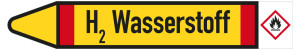 Rohrleitungsetikett: H2 Wasserstoff, Fließrichtung links, DIN 2403, gelb/schwarz/rot, für Rohre mit Ø 60 - 90 mm, Standardfolie, 310 x 52 mm, 3