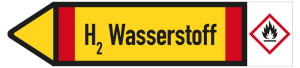 Rohrleitungsetikett: H2 Wasserstoff, Fließrichtung links, DIN 2403, gelb/schwarz/rot, für Rohre mit Ø 90 mm, Standardfolie, 440 x 100 mm, 2 St./Bogen