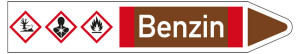 Rohrleitungsetikett: Benzin, Fließrichtung rechts, DIN 2403, braun/weiß/rot, für Rohre mit Ø 15 - 25 mm, Standardfolie, 96 x 17 mm, 8 St./Bogen