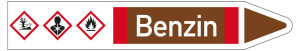 Rohrleitungsetikett: Benzin, Fließrichtung rechts, DIN 2403, braun/weiß/rot, für Rohre mit Ø 25 - 40 mm, Standardfolie, 154 x 26 mm, 5 St./Bogen