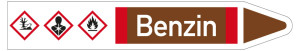 Rohrleitungsetikett: Benzin, Fließrichtung rechts, DIN 2403, braun/weiß/rot, für Rohre mit Ø 40 - 60 mm, Standardfolie, 218 x 37 mm, 5 St./Bogen