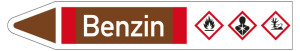 Rohrleitungsetikett: Benzin, Fließrichtung links, DIN 2403, braun/weiß/rot, für Rohre mit Ø 25 - 40 mm, Standardfolie, 154 x 26 mm, 5 St./Bogen