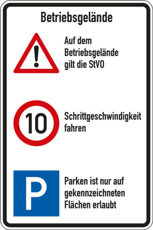 Kombischild Betriebsgelände, STVO + 10 km/h + Parken, Aluminium RA0 reflektierend, 600 mm x 900 mm