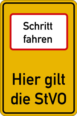 Hinweisschild: Schritt fahren - Hier gilt die StVO, DIN 67520, Aluminium RA2 reflektierend, 600 x 900 mm,