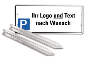 Parkplatz-Reservierungsschild, Text/Logo nach Wunsch, mit Befestigung, Aluminium reflektierend, 520 x 220 mm, 1 Stück