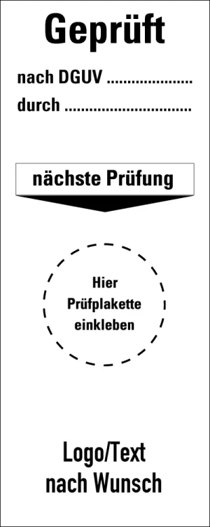 Grundplakette Geprüft nach DGUV, mit Text oder Logo nach Wunsch, Standardfolie, 40 x 100 mm, 5 St./Bogen