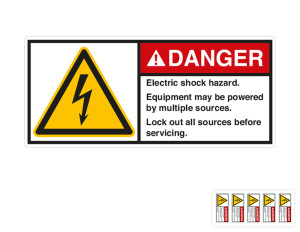 ANSI-Aufkleber: DANGER Electric shock hazard [...], UL-anerkannt, ANSI Z535-4, Folie selbstklebend, 160 mm x 70 mm, 2 St./Bogen
