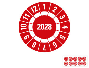 Jahresprüfplakette 2028, Freifelder, rot, Folie selbstklebend, Ø 30 mm, 10 St./Bogen