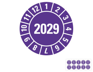 Jahresprüfplakette 2029, violett, Standardfolie, Ø 15 mm, 10 St./Bogen