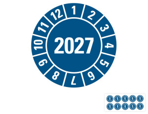 Jahresprüfplakette 2027, blau, fälschungssichere Folie, Ø 20 mm, 10 St./Bogen