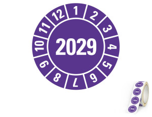 Jahresprüfplakette 2029, violett, Standardfolie, Ø 30 mm, 500 St./Rolle