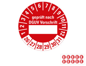 Prüfplakette geprüft nach DGUV Vorschrift, Beschriftungsfeld, 26 - 31, rot, Folie selbstklebend, Ø 30 mm, 10 St./Bogen