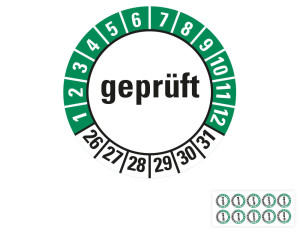 Prüfplakette geprüft, 26 - 31, weiß-grün, Folie selbstklebend, Ø 30 mm, 10 St./Bogen