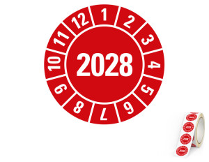 Jahresprüfplakette 2028, rot, Folie selbstklebend, Ø 30 mm, 500 St./Rolle