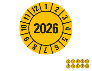 Jahresprüfplakette 2026, gelb, fälschungssichere Folie, Ø 20 mm, 10 St./Bogen