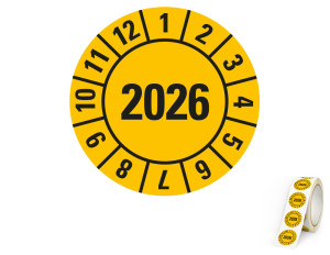Jahresprüfplakette 2026, gelb, fälschungssichere Folie, Ø 20 mm, 500 St./Rolle