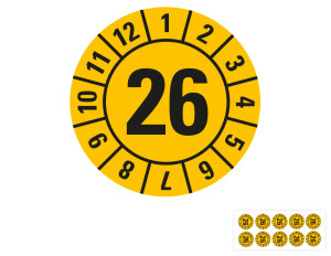 Jahresprüfplakette 26, gelb, Folie für ölige Untergründe, Ø 8 mm, 10 St./Bogen