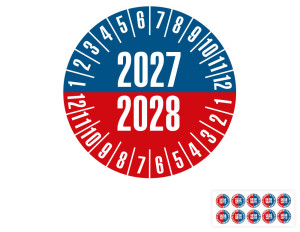 Prüfplakette 2027/2028, blau-rot, Folie selbstklebend, Ø 20 mm, 10 St./Bogen
